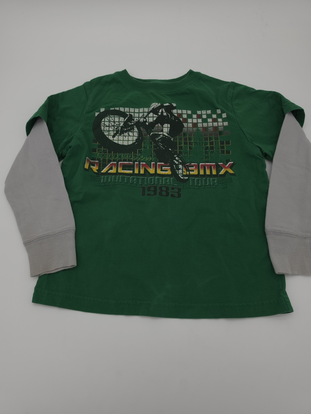 Mossimo Supply Co. Green Racing BMX Layered Long Sleeve Tee with Gray Sleeves XS